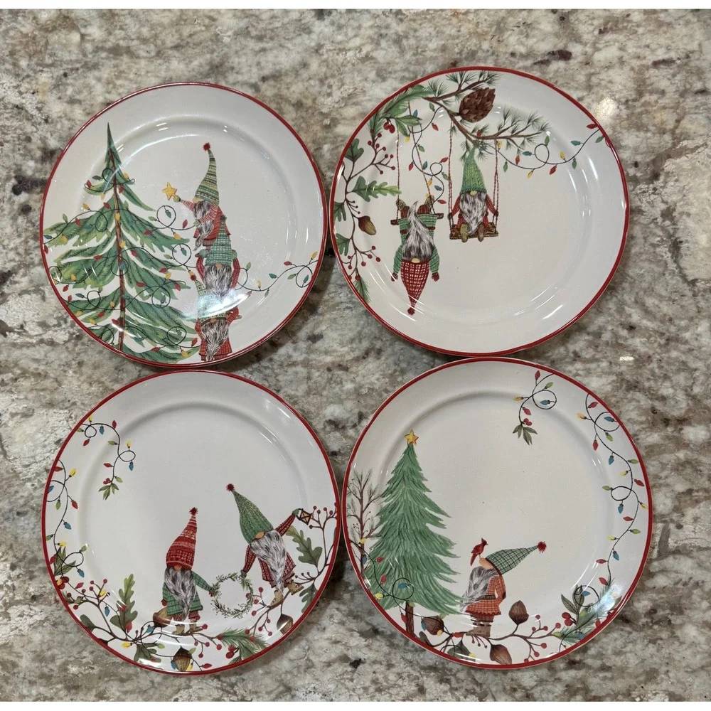 Pottery Barn Forest Gnome Salad Plates Set of 4 Christmas Holiday Stoneware 9in